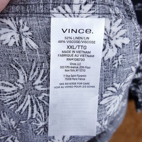 VINCE Shirt Mens XXL Black Floral Short Sleeve Pocket Button Up Linen Blend $225 - Picture 7 of 10